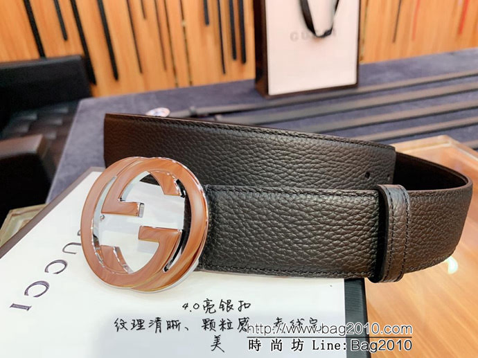 GUCCI古馳 官網爆款 正品規格 原單品質 togo荔枝紋牛皮 雙G亮面銀色扣 男士皮帶  xfp1076